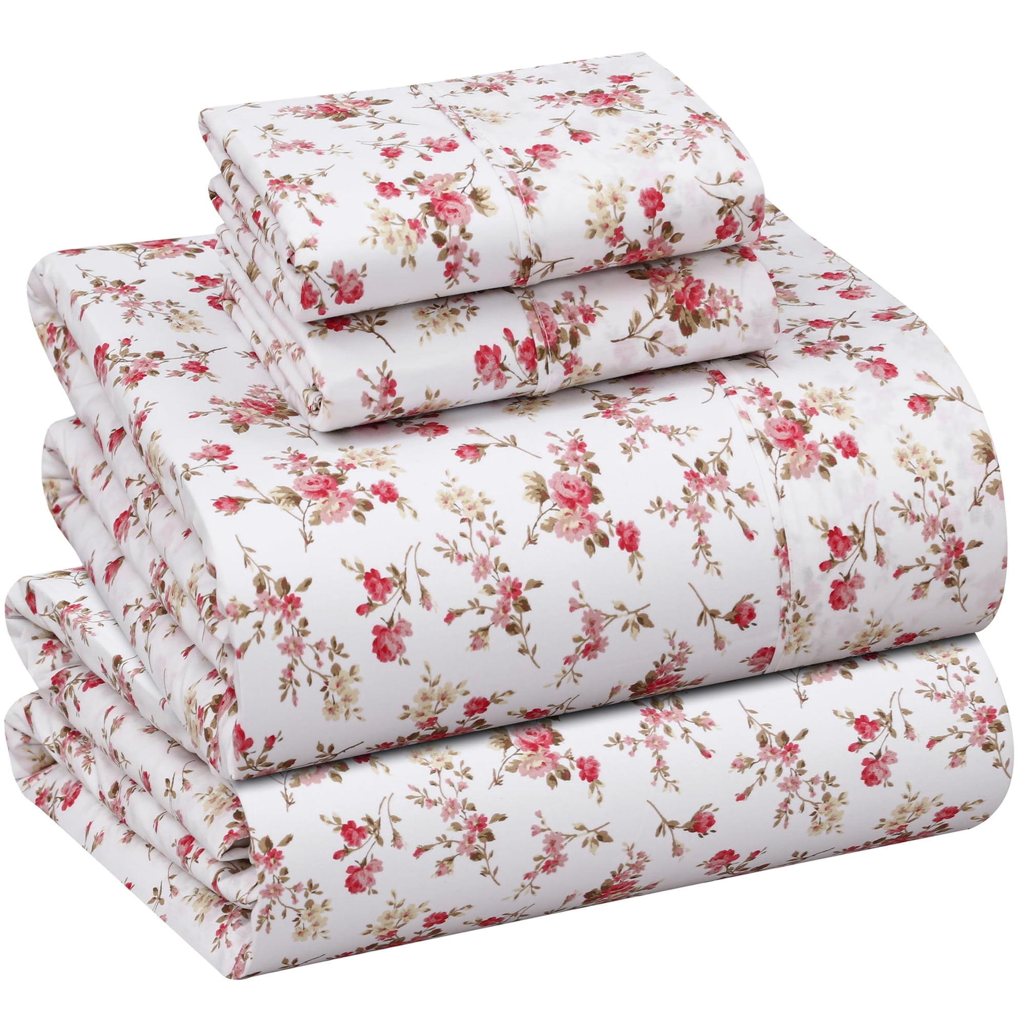 Juego De Sábanas Ruvanti Queen 100% Algodón Percal Floral De 4 Piezas