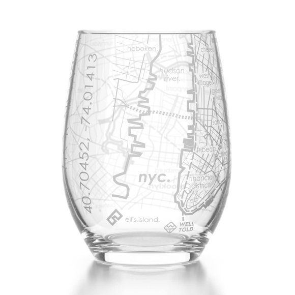 Copa de vino sin tallo con mapa de NYC grabado de 444 ml