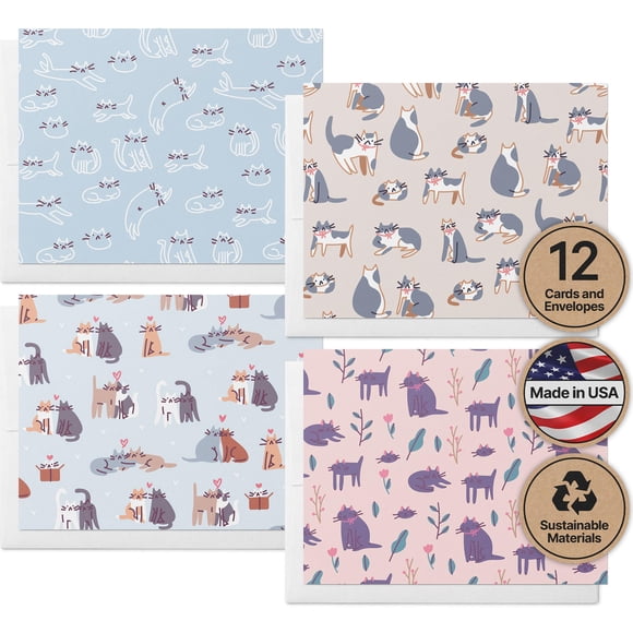 Tarjetas de papel con forma de ramitas, 12 unidades, varios diseños de gatos, con sobres