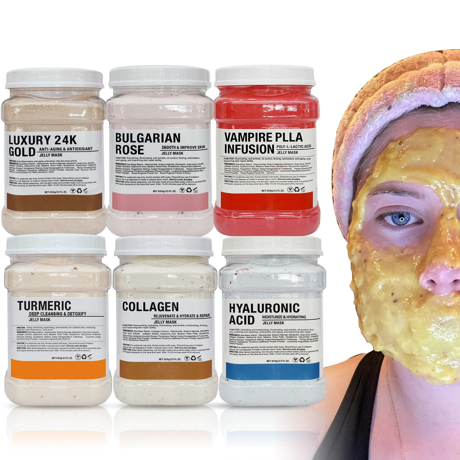 Mascarilla De Gelatina Ymeyfan Para Tratamientos Faciales, 650 G, Juego De 6 Tarros Con Oro Y Rosa