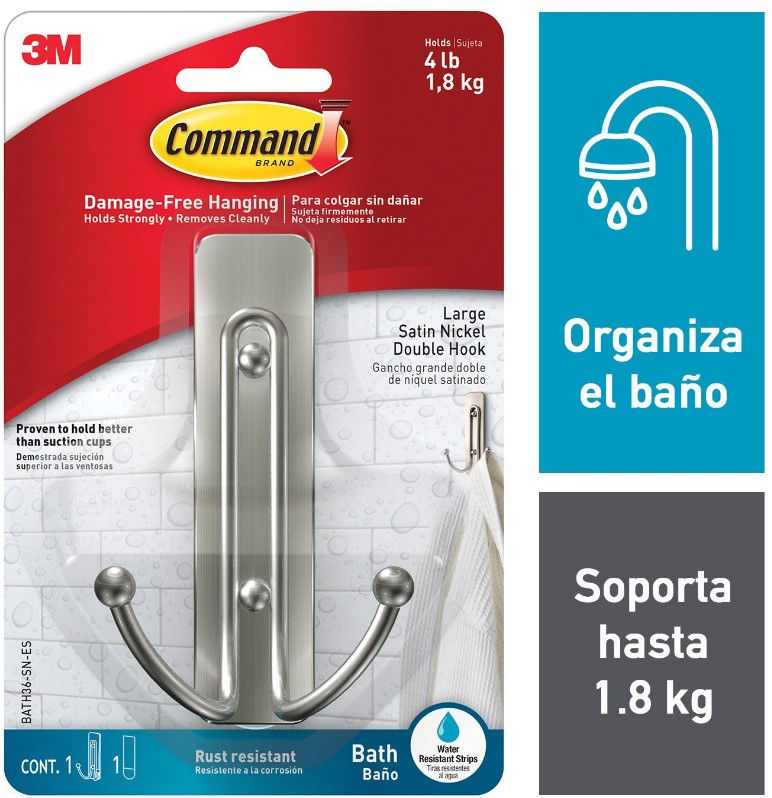 Gancho Para Baño Grande Doble Color Níquel Satinado Command