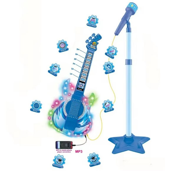 Set Guitarra Microfono Pedestal Juguete Mp3 Luces Azul