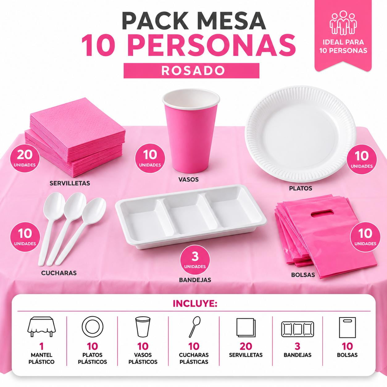 Genérico - Pack Cotillon Mesa 10 Personas Rosado Y Blanco