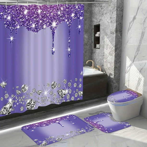 4Pcs Bathroom Shower Curtain Set, Sparkling Diamond-Pattern Bathroom Curtain With 12 Hooks, Bathroom Non Slip Rugs, Toilet Cover Mat, Bathroom Partition, Room Decor