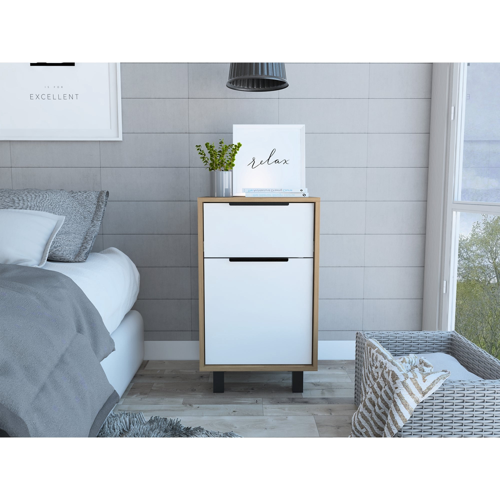 Tuhome - Velador Kaia 1 Cajón 1 Puerta Miel Y Blanco 70x41x36 Cm