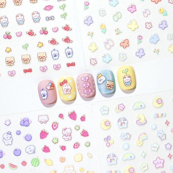 Pegatinas para uñas okiyomi 3D Kawaii – 4 hojas, 289 calcomanías