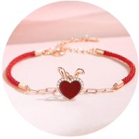 Luminara - Pulsera Baño Oro 18K Conejito Corazon Amor Piedra Agata Roja Plateado Talla Única