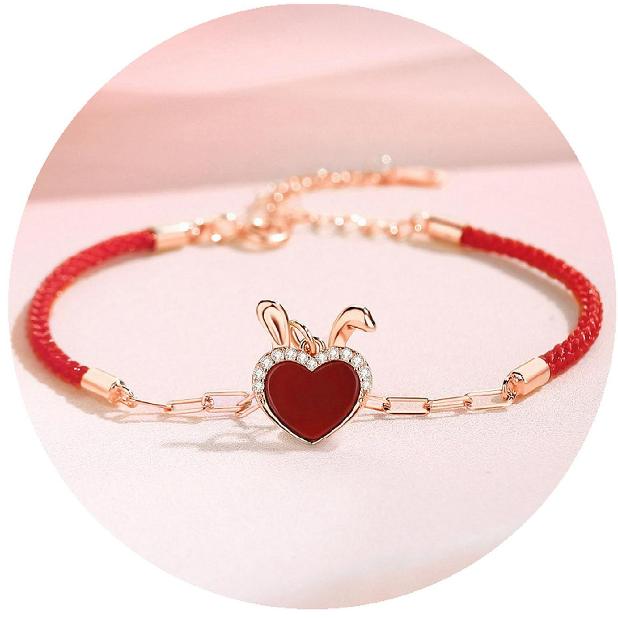 Luminara - Pulsera Baño Oro 18k Conejito Corazon Amor Piedra Agata Roja Plateado Talla Única