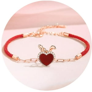 Luminara - Pulsera Baño Oro 18K Conejito Corazon Amor Piedra Agata Roja Plateado Talla Única