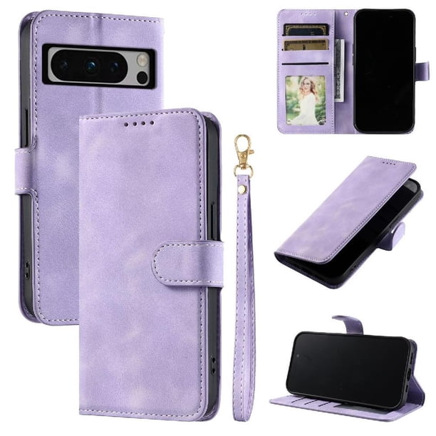 Funda Cartera para Google Pixel 8 Pro Tapa con Ranuras, Soporte y Correa Morado