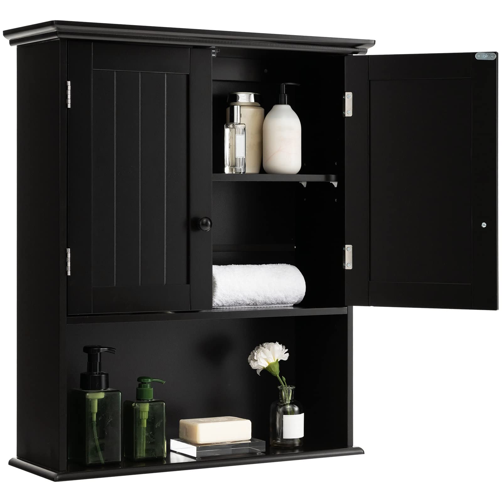 Mueble De Baño Montado En La Pared Costway Puertas Dobles Negro