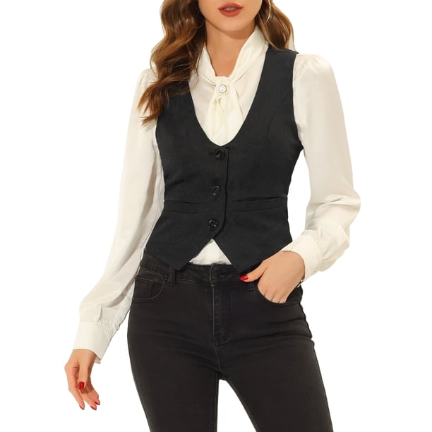 INSPIRE CHIC Chaleco Vintage para Mujer con Botones, Chaleco de Traje Steampunk Jacquard con Bolsillos XL Negro