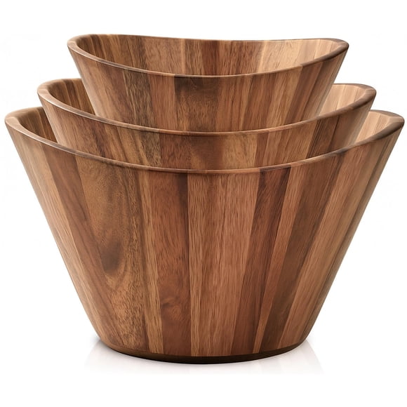 Juego de ensaladeras Woodenhouse de madera con diseño ondulado, 3 tamaños