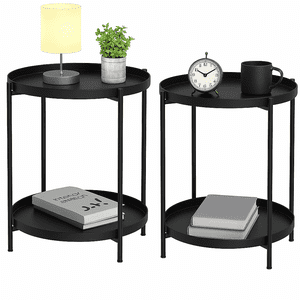 Moboi - Pack 2 Mesas Lateral Auxiliar 2 Niveles Metalica 42X42X52Cm Negro