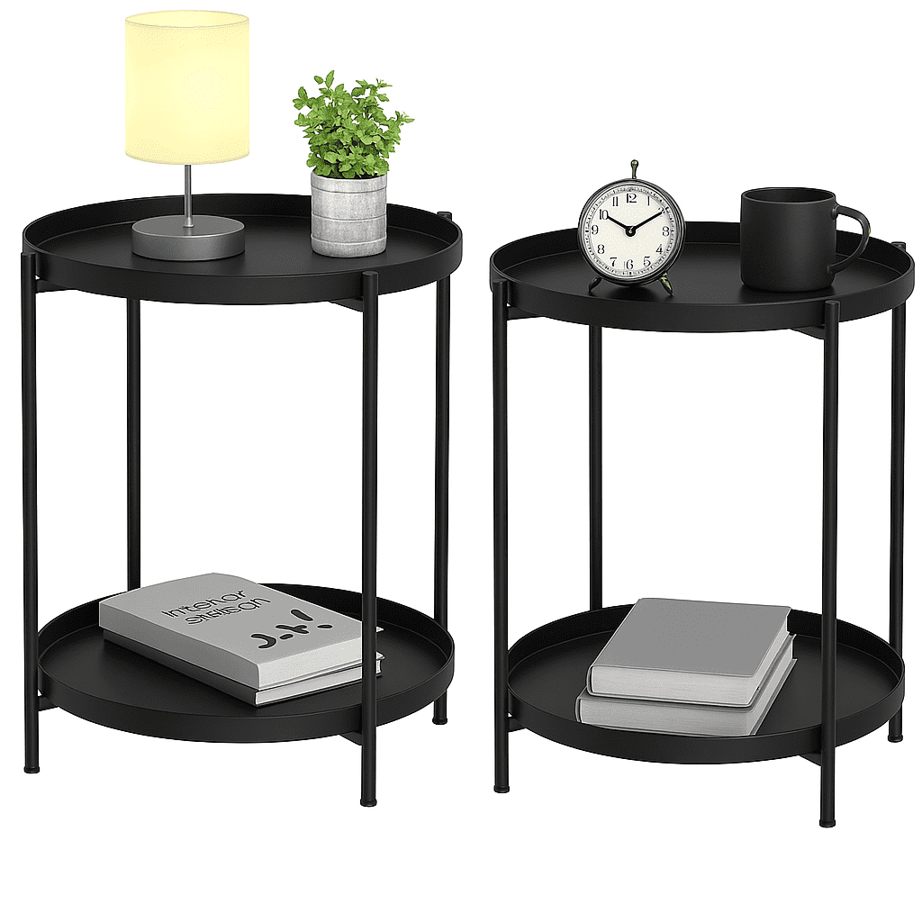 Moboi - Pack 2 Mesas Lateral Auxiliar 2 Niveles Metalica 42x42x52cm Negro