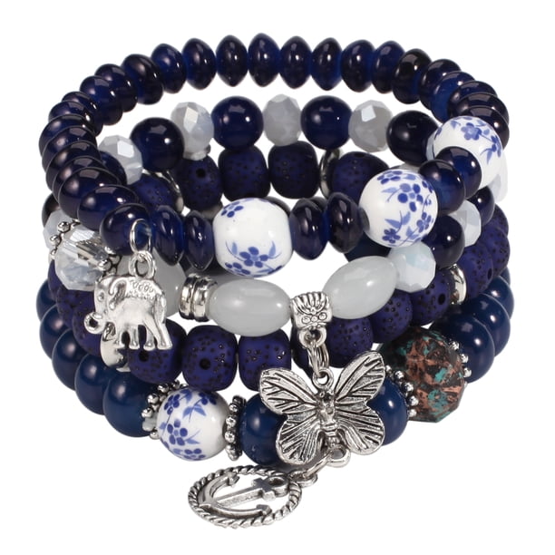Unique Bohemian Layered Beaded Bracelet - Elephant, Anchor & Butterfly Shaped Pendant - Stretchable & Stackable - Perfect for Summer Beach & Unisex Accessories