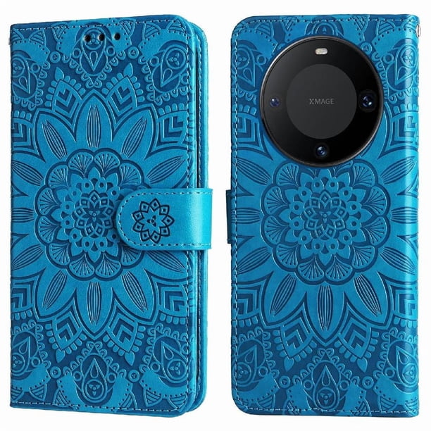 Funda tipo cartera FOXDOCK para Huawei Mate 60 Pro , diseño girasol en relieve, cuero PU, cierre magnético, soporte y tarjetero