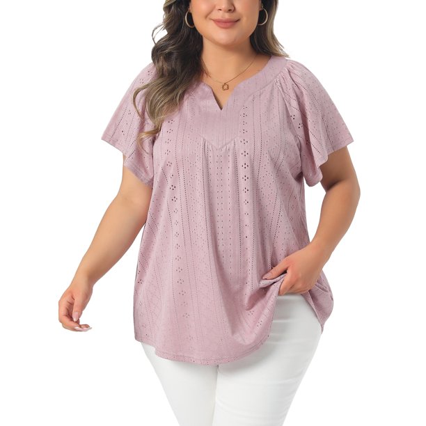 Agnes Orinda Blusa de Talla Grande para Mujer Cuello en V con Muesca Manga Corta Bordado de Ojales Camisetas Casual Blusa Calada 3X Rosa