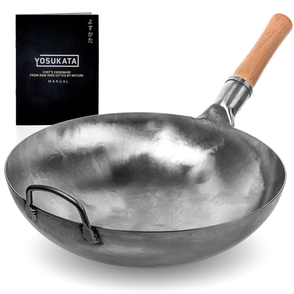 Wok YOSUKATA de acero al carbono con fondo redondo, 14 pulgadas, para saltear