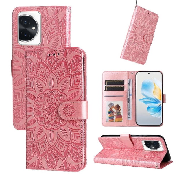 Funda tipo cartera FOXDOCK para Honor 100 , diseño girasol en relieve, cuero PU, cierre magnético, soporte y tarjetero