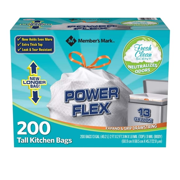 Bolsas de basura Member's Mark Power Flex Tall Kitchen, 13 L, 200 unidades