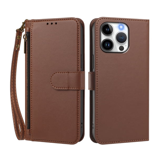 Funda Tipo Billetera para iphone15 Pro con Soporte y Bolsillo con Cierre Marrón