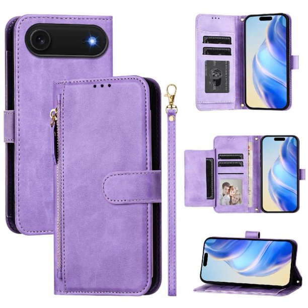 Funda Billetera Cremallera para iPhone 17 AIr con Porta Tarjetas, Soporte y Correa Morado