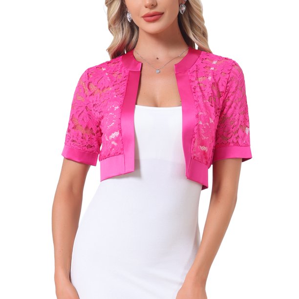 INSPIRE CHIC Bolero de Mujer Chaqueta Corta Panel de Satén Mangas Cortas Encaje Abierto Frontal Cárdigan Recortado Rojo Rosa S