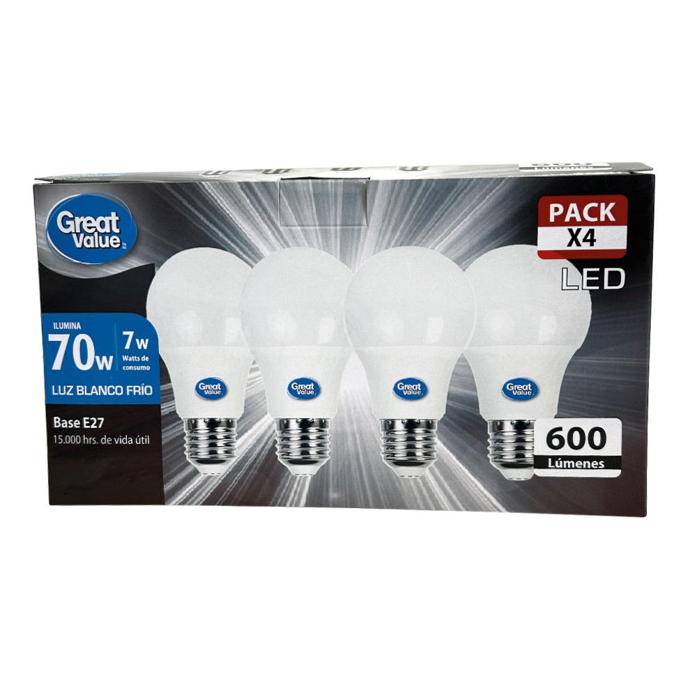 Great Value - Pack 4 Ampolletas Led Bola A60 7W Luz Día Base E27