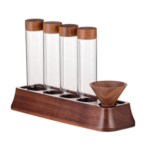 Magideal - Contenedor De Café Con Estante, Tubo De Vidrio Para Café Con Soporte De Madera, Tubo De Almacenamiento De Granos De Café Para Venta Minorista, Encimer 4 Hoyos