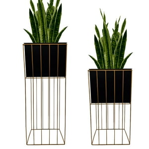 Fliperex - Set 2 Porta Macetero Pedestal Maceta Plantas Negro Dorado Negro