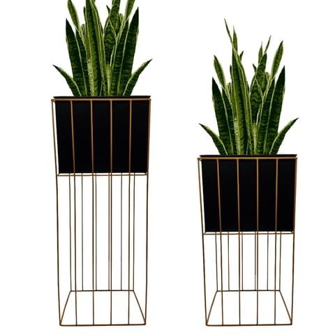 Fliperex - Set 2 Porta Macetero Pedestal Maceta Plantas Negro Dorado
