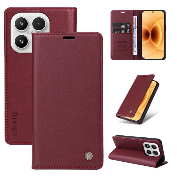 Funda Billetera de Cuero para Xiaomi 17 con Tarjetero y Soporte - Tapa Magnética Rojo