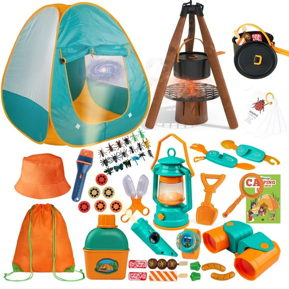 Set de camping Qtioucp Kids con tienda de campaña, linterna y proyector, 50 unidades