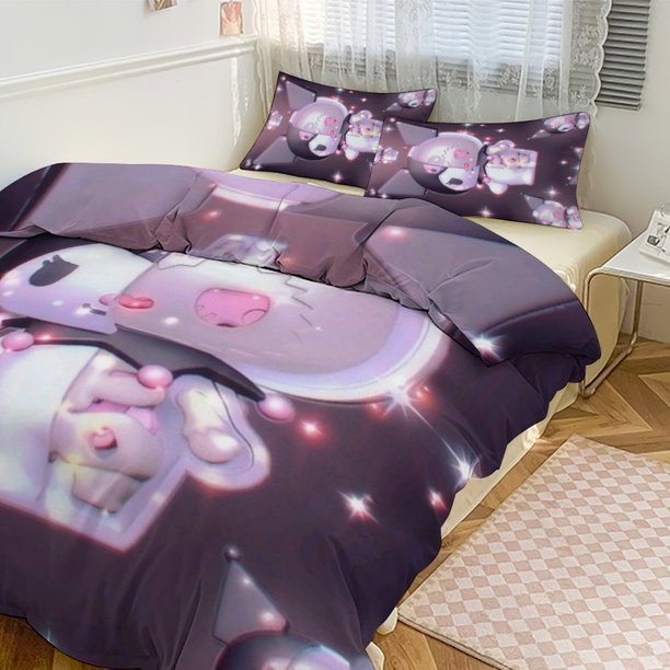 Kuromi Anime Duvet Cover Set Size Cartoon Bedding Set 3-Piece Comforter Cover Set for Teens Boys Kids Girls 1 Duvet Cover And 2 Pillowcase Twin