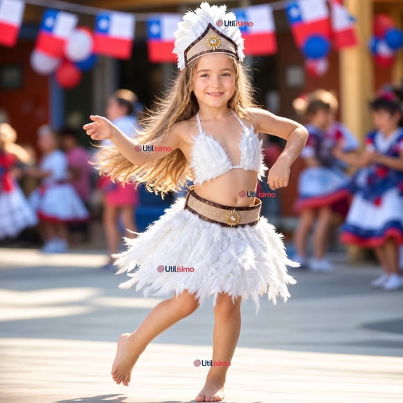 Traje Pascuense Típico Blanco Con Plumas 3 Piezas Niña Rapa Nui Fiestas Patrias