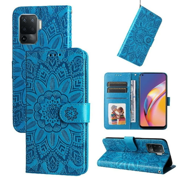 Funda tipo cartera FOXDOCK para OPPO Reno 5F , diseño girasol en relieve, cuero PU, cierre magnético, soporte y tarjetero