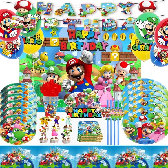 Set de decoración para fiestas con temática de Super Bros para cumpleaños de 10 invitados
