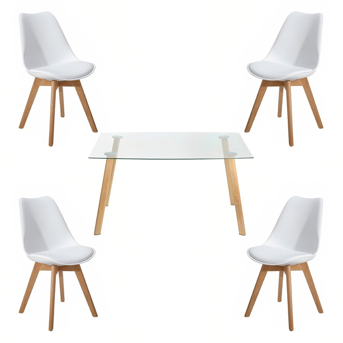 Klik Muebles - Comedor Mesa De Vidrio Nórdica 140x90 Cm + 4 Sillas Tulip Blancas