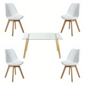 Klik Muebles - Comedor Mesa De Vidrio Nórdica 140X90 Cm + 4 Sillas Tulip Blancas