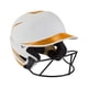 thumbnail image 1 of Casco Mizuno F6 para adultos, lanzamiento rápido, softball, con máscara, blanco y naranja, 1 of 5