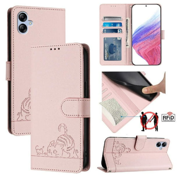 Funda tipo cartera FOXDOCK para Samsung Galaxy M04 4G/F04 4G con soporte, ranuras, RFID, diseño de gato