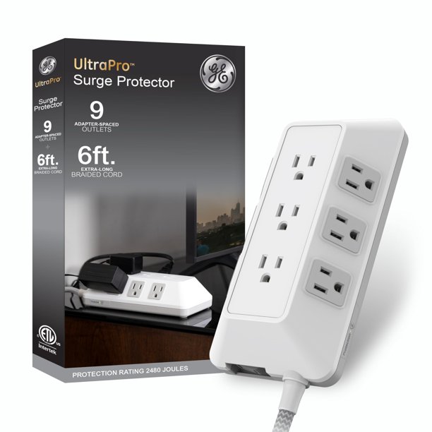 Protector contra sobretensiones GE UltraPro 2480J de 9 salidas con cable de 1,8 m, color blanco