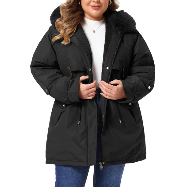 Abrigos de Trinchera para Mujer Talla Grande de Agnes Orinda con Cintura de Cordón, Cremallera, Rompevientos para Lluvia, Capucha Desmontable, Chaquetas de Invierno con Bolsillo 3X Negro