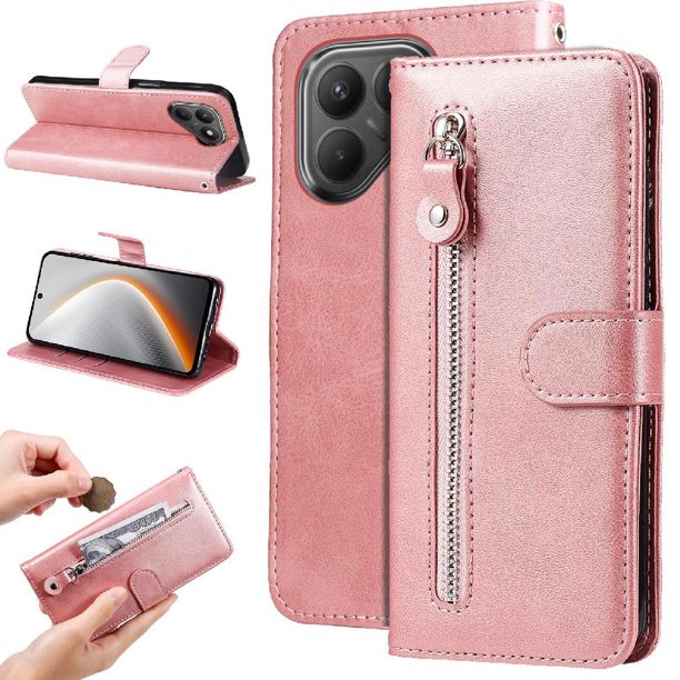 Funda tipo cartera para Tecno Pova 7 con bolsillo con cremallera y ranuras para tarjetas – Función de soporte Rosa