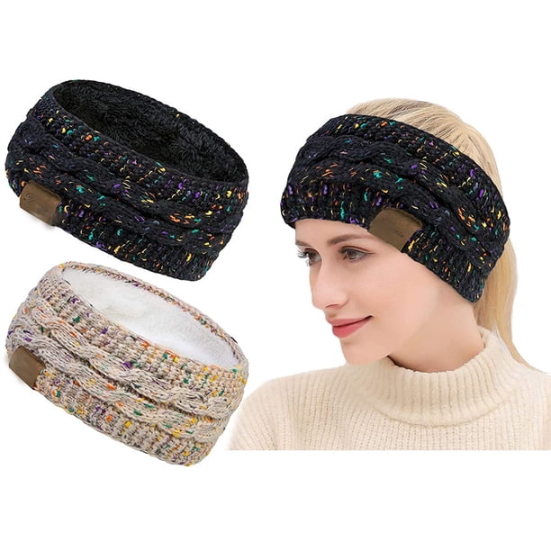 Diadema cálida de invierno para mujer, forro polar peludo, tejido de cable grueso, calentador de orejas