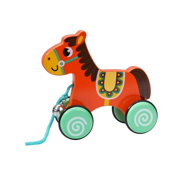Juguete de madera hecho a mano, juguete de tracción con cuerda, juguetes de actividades de desarrollo temprano, juguete de tracción para niños y niñas Caballo