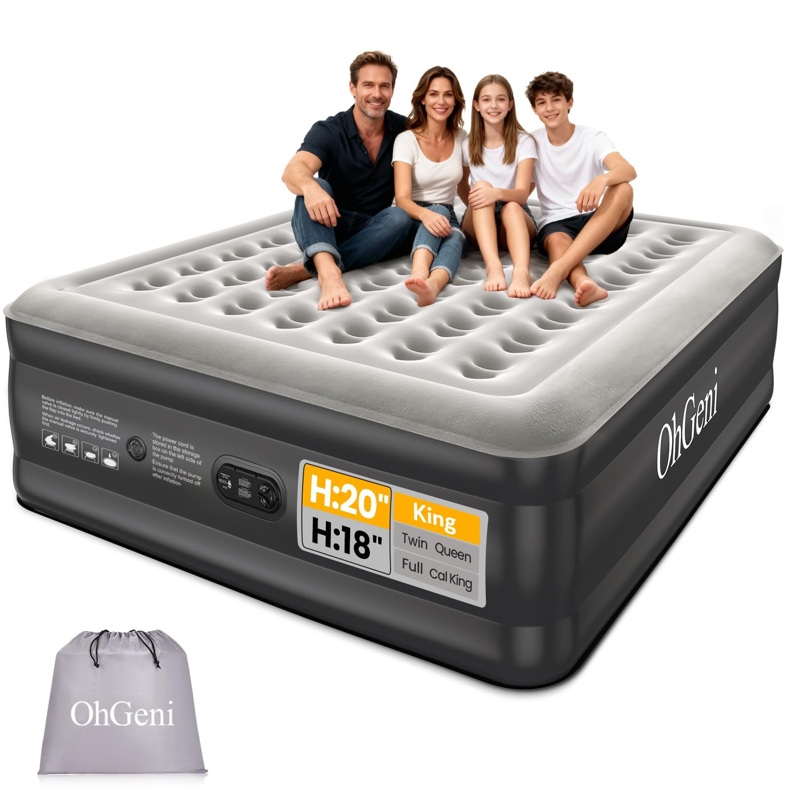 Colchón Inflable Ohgeni 20 Raised King Con Bomba De Capacidad De 700 Libras