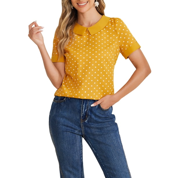 INSPIRE CHIC Blusa de Mujer para Regreso a Clases con Cuello Peter Pan en Contraste y Mangas Cortas con Lunares M Amarillo