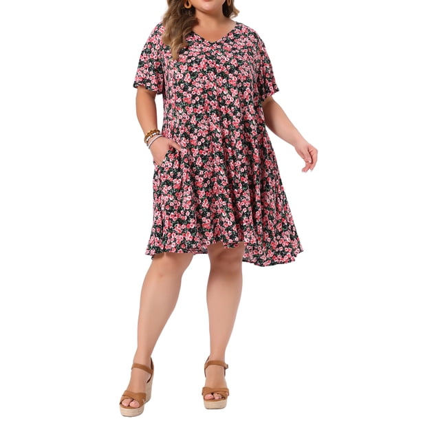 Vestido de verano de talla grande para mujer Agnes Orinda, floral, cuello en V, manga corta, para vacaciones en la playa, vestido midi de verano con bolsillos, 2X, negro